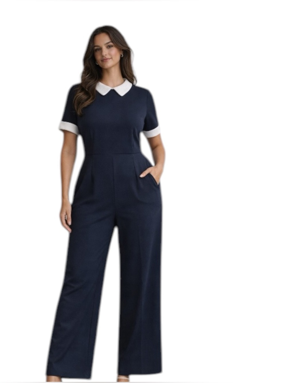 Shelby & Palmer Navy Jumpsuit White Collar Short Sleeve Wide Leg Pockets Size 12